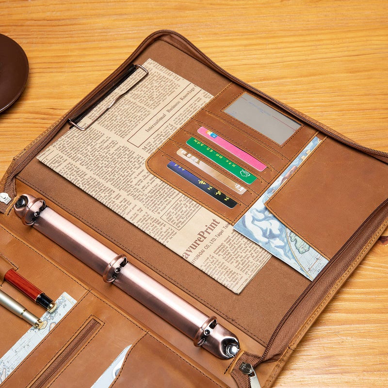 YIWEN Handmade Genuine Leather Portfolio, Zippered Padfolio with 3 Ring Binder, Professional Business Organizer, Resume Folder, Notebook Organizer with Tablet Document Holder for Men, Women, Business Trip - Image 3